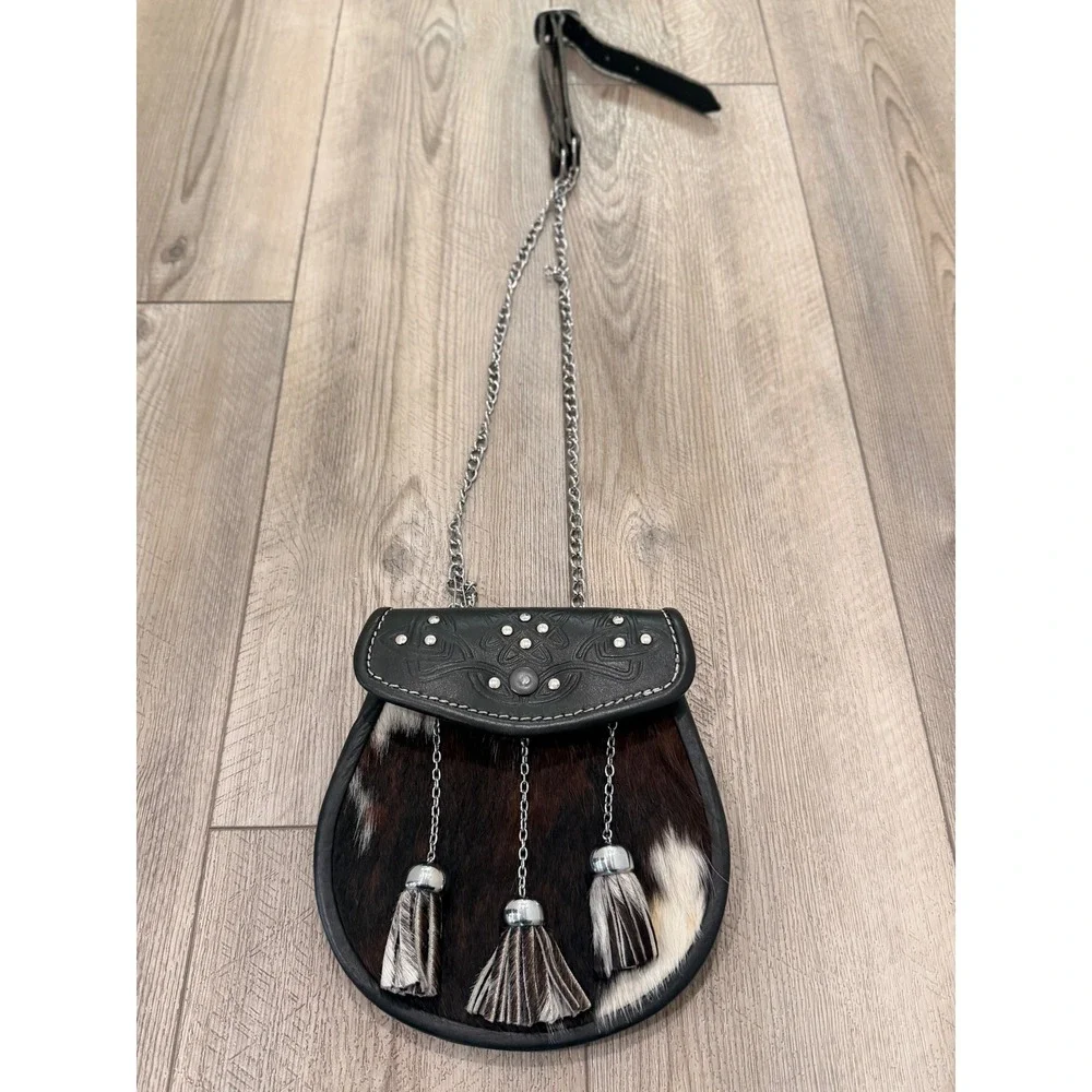 Scottish Kilt Sporran Cowhide Leather Celtic Knot Studded Tassel Chain Bag Black